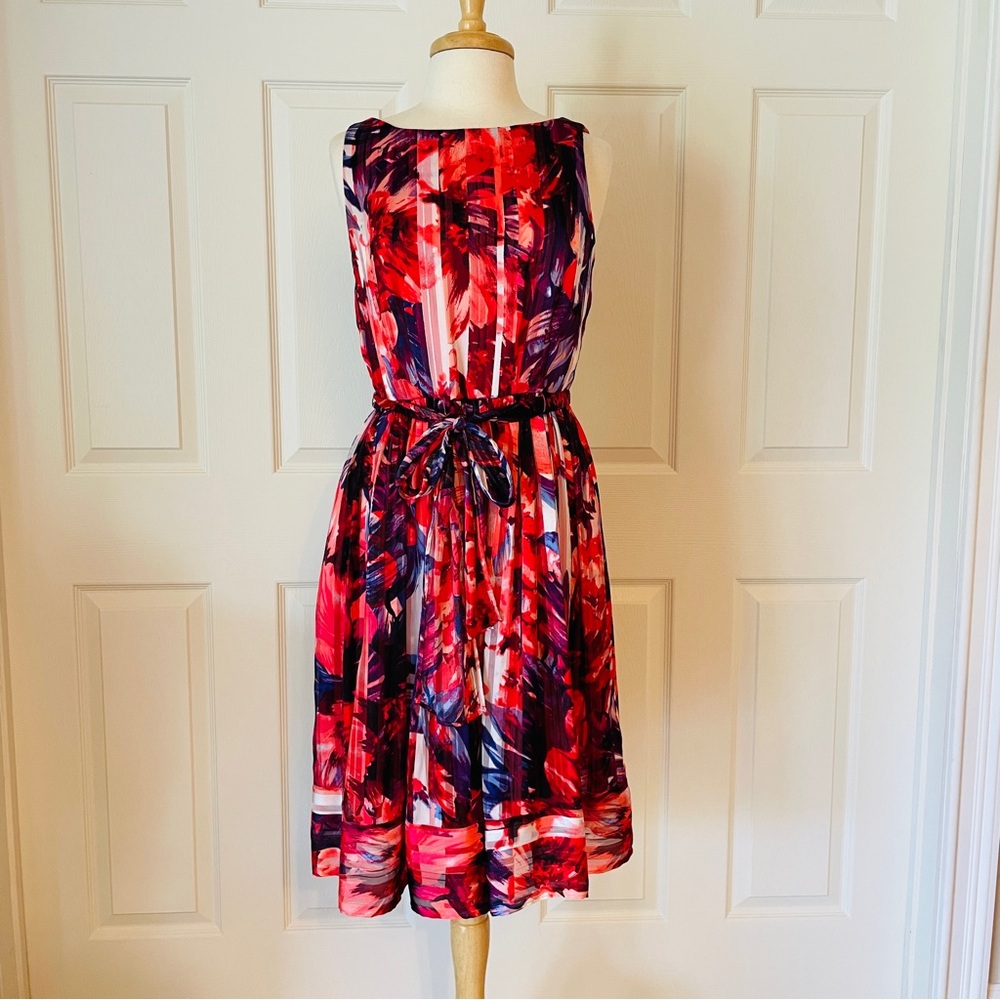 Carmen Marc Valvo Red and Black Sleeveless A-Line Midi Dress